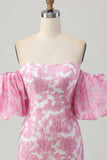 Pink Jacquard Floral Strapless Detachable Sleeves Short Tight Cocktail Dress
