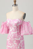 Pink Jacquard Floral Strapless Detachable Sleeves Short Tight Cocktail Dress
