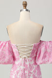 Pink Jacquard Floral Strapless Detachable Sleeves Short Tight Cocktail Dress