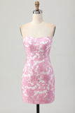 Pink Jacquard Floral Strapless Detachable Sleeves Short Tight Cocktail Dress