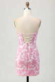 Pink Jacquard Floral Strapless Detachable Sleeves Short Tight Cocktail Dress