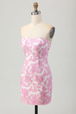 Pink Jacquard Floral Strapless Detachable Sleeves Short Tight Cocktail Dress