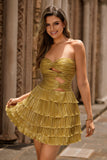 Metallic Golden Strapless Pleated Tiered Short Homecoming Dress