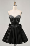 Black A-Line Strapless Beaded Short Homecoming Dress with Bow