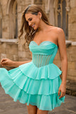 Strapless Corset A Line Green Homecoming Dress with Beading