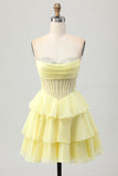 Yellow Strapless Corset A Line Beaded Homecoming Dress