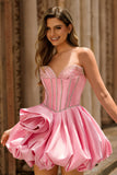 Pink Strapless A Line Corset Beaded Homecoming Dress with Rhinestones