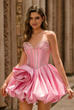 Pink Strapless A Line Corset Beaded Homecoming Dress with Rhinestones
