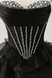 Black Strapless Corset Tiered A Line Short Homecoming Dress with Beading