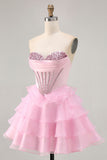 Tiered Beaded A Line Strapless Short Pink Homecoming Dress