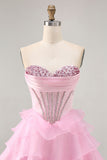 Tiered Beaded A Line Strapless Short Pink Homecoming Dress