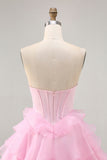 Tiered Beaded A Line Strapless Short Pink Homecoming Dress