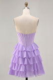 Strapless Purple Tiered Corset A Line Short Homecoming Dress