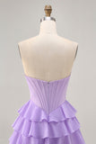 Strapless Purple Tiered Corset A Line Short Homecoming Dress