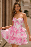 Strapless A-Line Corset Tiered Fuchsia Floral Homecoming Dress