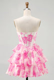 White Blue Floral Corset A-line Strapless Tiered Homecoming Dress