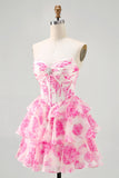 White Blue Floral Corset A-line Strapless Tiered Homecoming Dress