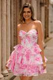 Strapless A-Line Corset Tiered Fuchsia Floral Homecoming Dress