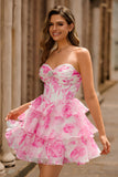 Strapless A-Line Corset Tiered Fuchsia Floral Homecoming Dress