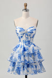 White Blue Floral Corset A-line Strapless Tiered Homecoming Dress
