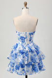 White Blue Floral Corset A-line Strapless Tiered Homecoming Dress