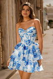 White Blue Floral Corset A-line Strapless Tiered Homecoming Dress