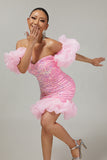 Sparkly Off The Shoulder Pink Sequins Tight Homecoming Dress