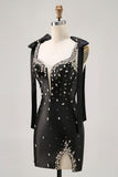 Sparkly Black Tight Rhinestones Short Homecoming Dress with Slit