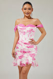 White and Blue Floral Ruffled Short Corset Cocktail Dress with Appliques