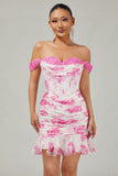 White and Blue Floral Ruffled Short Corset Cocktail Dress with Appliques