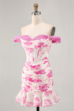 White Blue Flower Off the Shoulder Corset Satin Homecoming Dress with Ruffles