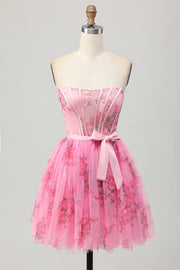 Pink Floral Strapless Short Corset Cocktail Dress with Bow