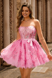 Pink Flower A-Line Corset Strapless Short Homecoming Dress