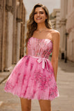 Pink Flower A-Line Corset Strapless Short Homecoming Dress