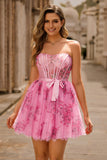 Pink Flower A-Line Corset Strapless Short Homecoming Dress