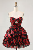 Black Red Strapless Ruffled Printed Cut Out Homecoming Dress