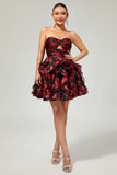 Black Red Strapless Ruffled Printed Cut Out Homecoming Dress