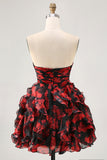 Black Red Strapless Ruffled Printed Cut Out Homecoming Dress