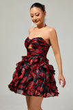 Black Red Strapless Ruffled Printed Cut Out Homecoming Dress