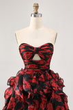 Black Red Strapless Ruffled Printed Cut Out Homecoming Dress