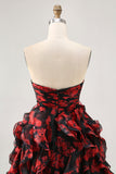 Black Red Strapless Ruffled Printed Cut Out Homecoming Dress
