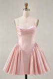 Blush Cowl Neck A-Line Spaghetti Straps Beaded Satin Homecoming Dress