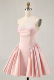 Blush Cowl Neck A-Line Spaghetti Straps Beaded Satin Homecoming Dress