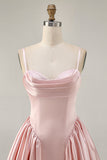 Blush Cowl Neck A-Line Spaghetti Straps Beaded Satin Homecoming Dress