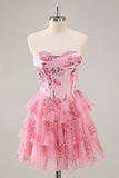 A-Line Strapless Corset Tiered Pink Flower Short Homecoming Dress