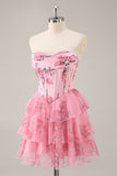A-Line Strapless Corset Tiered Pink Flower Short Homecoming Dress