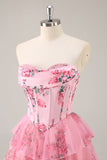 A-Line Strapless Corset Tiered Pink Flower Short Homecoming Dress