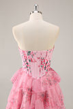 A-Line Strapless Corset Tiered Pink Flower Short Homecoming Dress