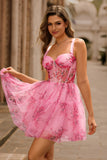 Pink Floral A-Line Spaghetti Straps Corset Short Homecoming Dress