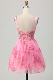 Pink Floral A-Line Spaghetti Straps Corset Short Homecoming Dress